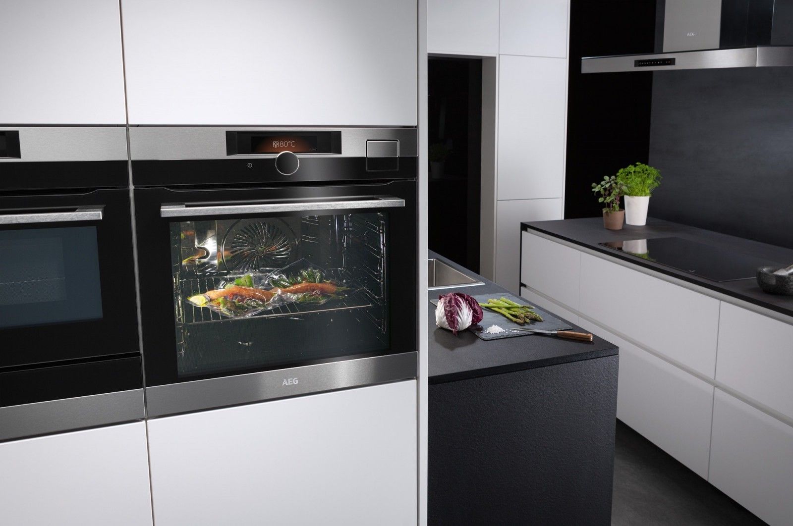 AEG-Einbaubackofen mit Fisch und Gemüse in einer weiß-schwarzen Küche